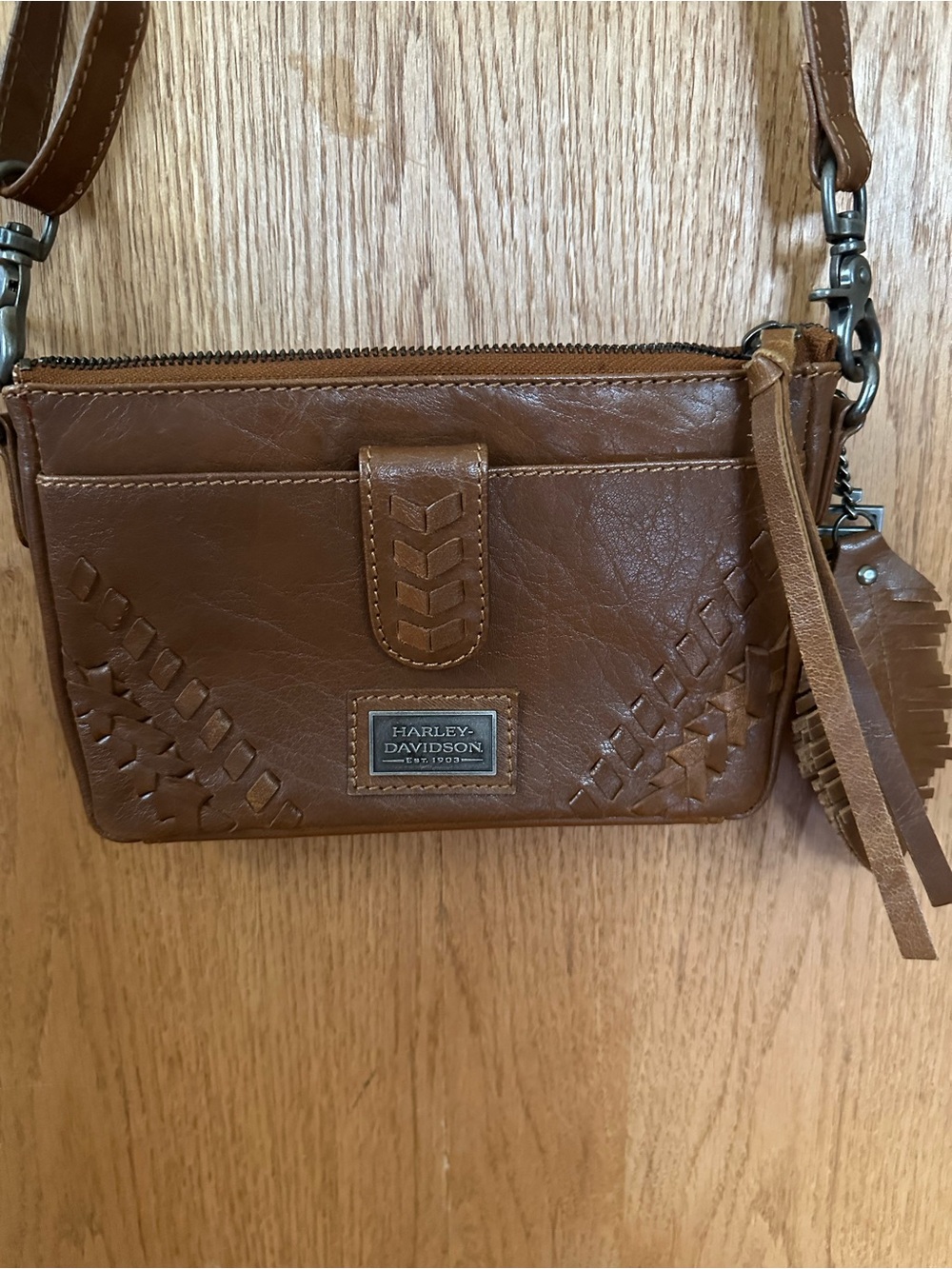 Harley-Davidson Tan Leather Woven Accent Crossbody Bag - Picture 2 of 4